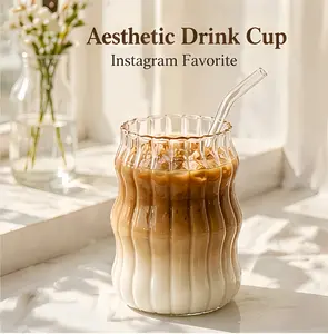 6PCS Ribbed Glass Cups with Straws, 19oz Aesthetic Iced Coffee Glass Set, Wavy Drinking Glasses for Juice, Milk & Summer Drinks