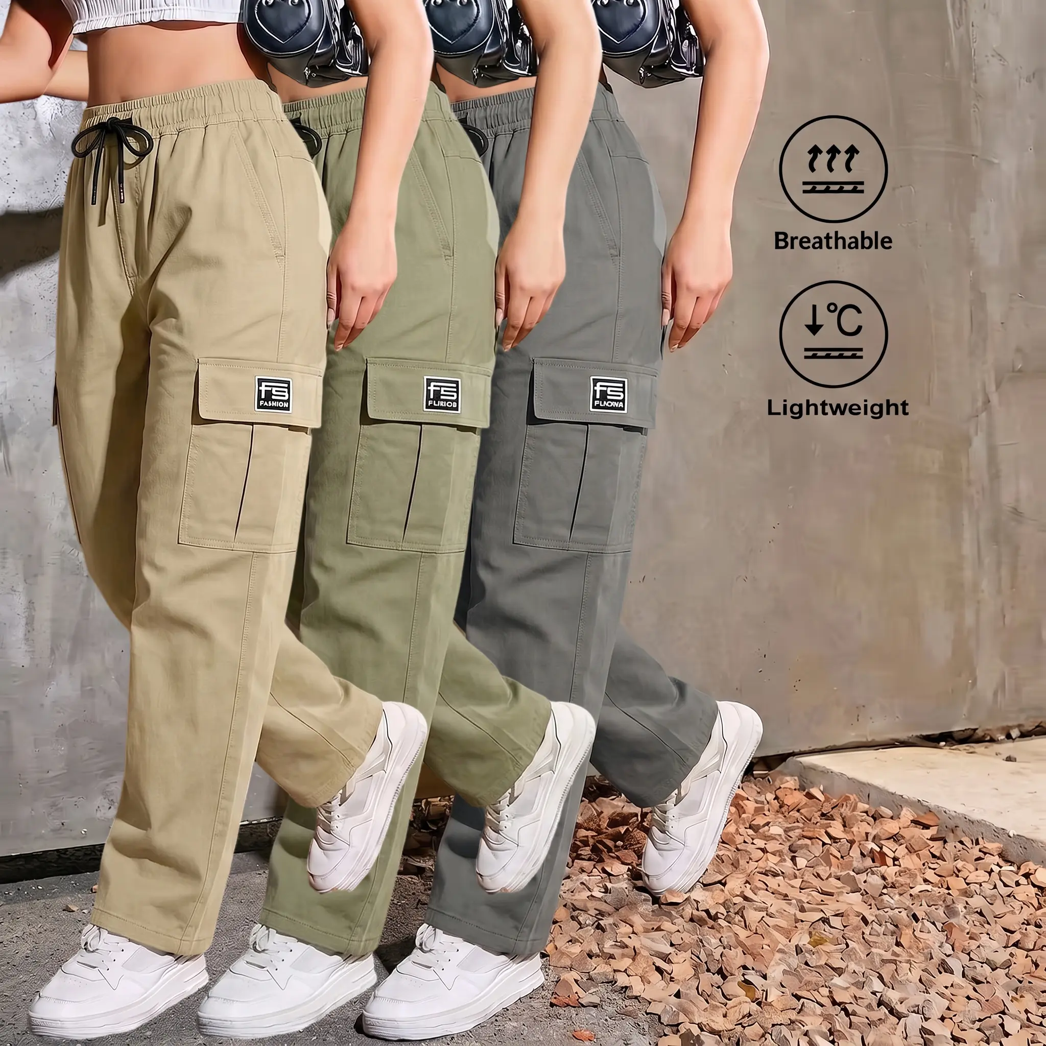 3-pack women’s fashion casual trendy solid-color lightweight cargo pants, drawstring waist, large pocket design, suitable for sports, street style, and everyday wear