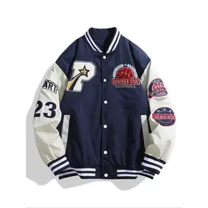 Men's Colorblock Patched Drop Shoulder Varsity Jacket, Regular Fit Casual Contrast Binding Button Front Pocket Outerwear for Spring & Fall, Fashion Men's Clothes for Daily Wear