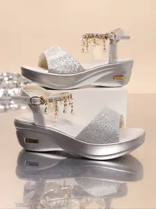 Summer New Rhinestone Pearl Fringe Thick Sole Sandals Women, Sparkle Wedge Waterproof Platform Buckle Strap Shoes, Open Toe Metal Color High Heels