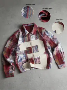 Men's Long Sleeve Streetwear Loose Fit Zipper Front Shirt, Vintage Style Reinterpretation, Classic Graphic Plaid and Ripped Pattern Design