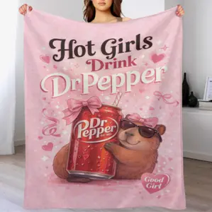 Hot Girls Drink Dr Pepper Flannel Throw Blanket Pink Girly Cartoon Blanket Soft Cozy Blanket for Bed Sofa Couch Bedroom Dorm Room Decor Gift