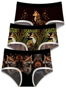 Women's Fox Cartoon Print Underwear Set, Comfortable Breathable Knit Elastic Fashion Panties, Large Size Ladies Innerwear