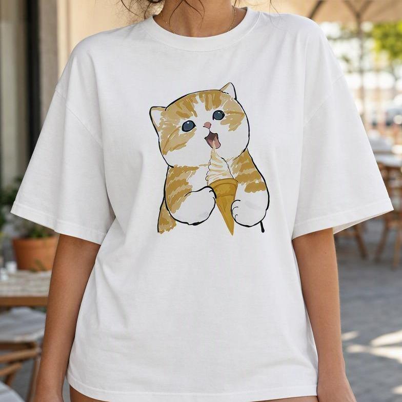 Women's 100% Cotton Short-Sleeve Crew Neck Drop Shoulder Loose-Fit Graphic Tshirt - Cute Orange Tabby Cat Ice Cream Design, Breathable Casual Top