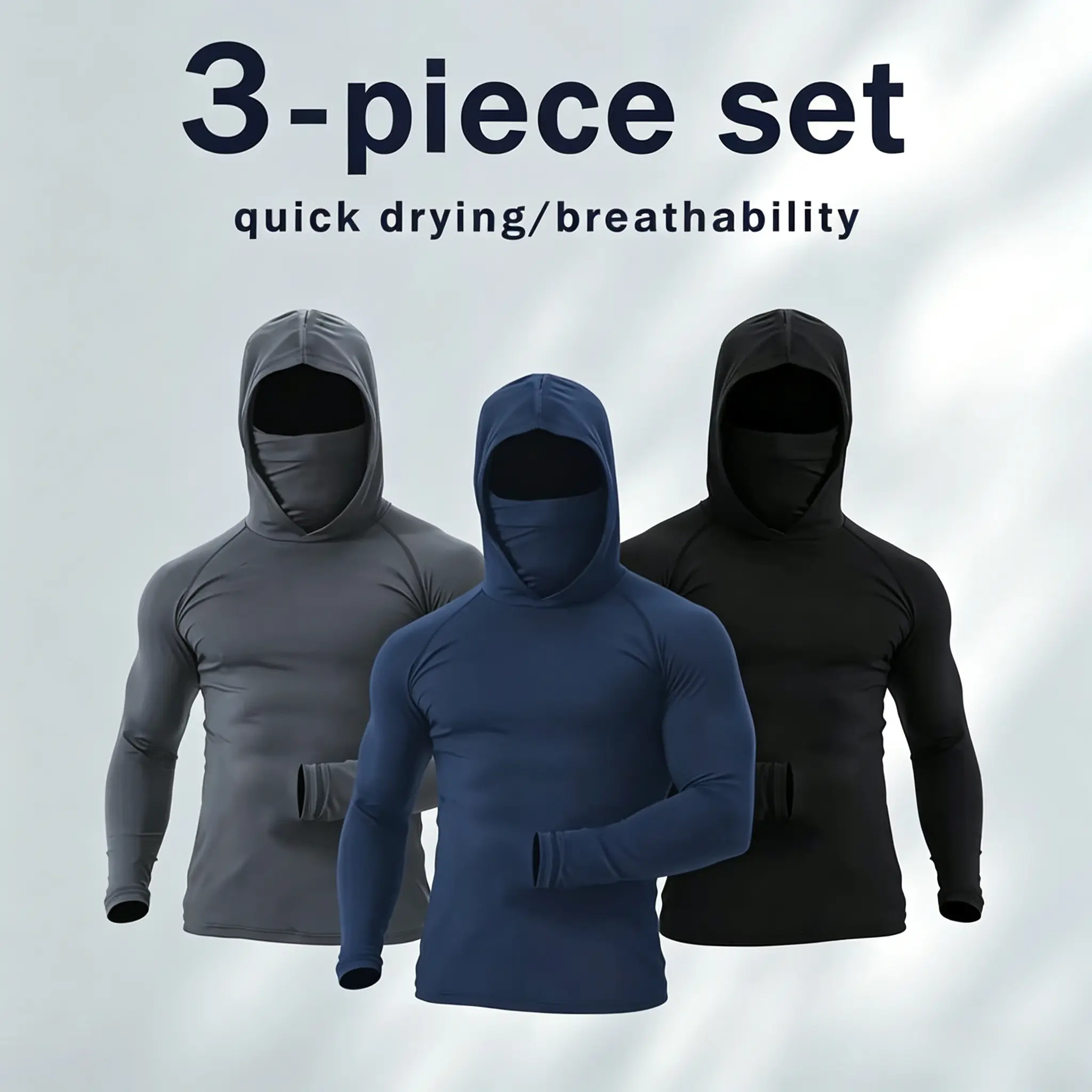 Men's 3 Pack UPF 50+ UV Sun Protection Hoodie with Face Mask Long Sleeve Quick Dry Compression Fishing Work Shirt