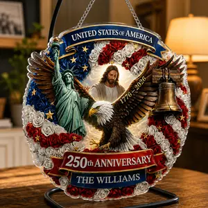 Personalized America 250 Veteran Family Legacy Suncatcher, Patriotic Eagle & Jesus Window Hanging, Independence Day 2026 Gift for Veteran Grandpa, Military Family Gift, Jesus Suncatcher, Christian Home Decor, Faith Based