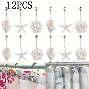 12pcs Summer Beach Theme Resin Ocean Series Shell Decorative Shower Curtain Hooks, Bathroom Decoration Shower Curtain Accessories Curtain Hooks