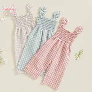Baby Girls Gingham Smocked Jumpsuit, Ruffle Strap Wide Leg Romper in Beige/Green/Pink, Casual Summer Outfit for Toddler, Soft Cotton Blend for Play & Photoshoots
