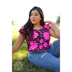 Amada Embroidered Crop Top - Floral Design, Short Sleeves, Breathable Fabric, Comfortable for Women, Ideal for Casual Wear
