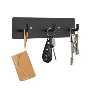Key Holder Wall Mount, Small Metal Self Adhesive Key Rack with 3 Hooks, 2 Installation Options, Black