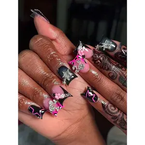 24PCS Elegant Duckbill Press-On Nails – Leopard Print, Star Diamond & Glossy Finish!