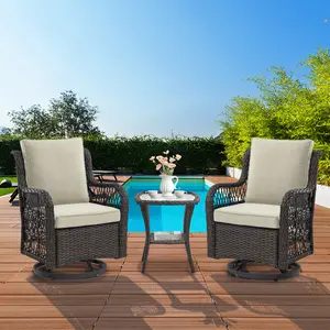3-Piece Outdoor Patio Bistro Set | 360° Swivel Rocking Wicker Chairs with Soft Cushions, All-Weather Resistant Conversation Furniture for Backyard, Garden & Poolside