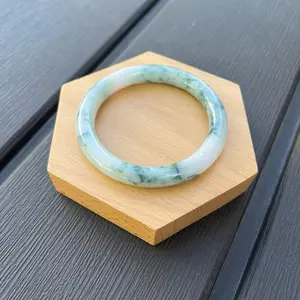 25053-RM Certified Untreated Grade A Jade Bracelet - Princess Round 51.5mm (Burmese Jadeite Bangle, Green with Floral Pattern)