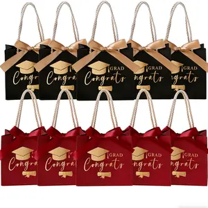 10 Pcs Graduation Bags with Handles Bow Ribbon Small Graduation Favor Bags Congrats Grad Treat Bags Grad Paper Gift Bag for Primary Middle School Graduation Party Supplies