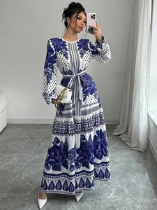 women's floral print belted dress, elegant round neck long sleeve a line dress for vacation holiday wedding guest, ladies clothes for all seasons, womenswear