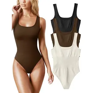 Women's Basic Seamless Ribbed Panty Bodysuit - Plus Size, Tummy Control, Butt Lift Compression Shapewear, Breathable Lightweight Fabric, Adjustable Fitted Straps, Lady-Focused Style & Aesthetics