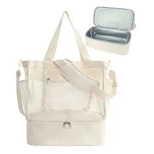 Large Capacity Foldable Beach Bag with Cooling Mesh Pocket, Zipper Closure, Folding Design, Ideal for Camping, Swimming, Gym Use