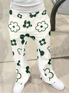 Men's Vintage Bell Bottom Pants, Luxe Texture Floral Print, Drawstring Sporty Long Pants, 3D Soft Breathable Fabric, Casual Daily Wear, Menswear