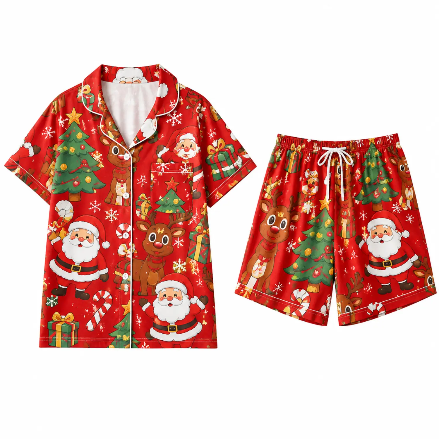 Christmas Santa and Reindeer Print Short Sleeve Pajama Set for Women, Button Front Sleepwear with Drawstring Shorts
