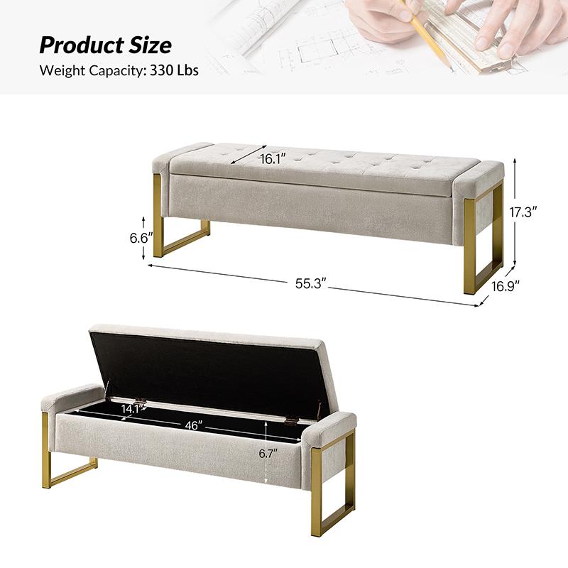 Hulala Flora Modern Upholstered Flip Top Storage Bench, button tufted top, sturdy metal frame, gunmetal finish, sufficient storage space, flip-top mechanism, end-of-bed bench, for living room, bedroom and entryway