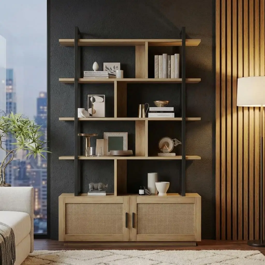 Garvee 5-Tier Industrial Bookshelf with Metal Frame & Storage Cabinet, 71.1" Tall - Open Display Shelves, Closed Door Compartment for Living Room, Home Office, Books
