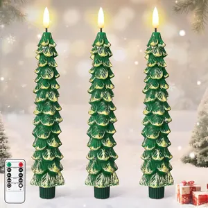 3 count Christmas Tree Flameless Taper Candles  Operated with Remote and Timer, Real Wax LED Candles, Warm 3D Wick Flickering Lifelike Leaves, Xmas Dinner Holiday Decoration (Green,)