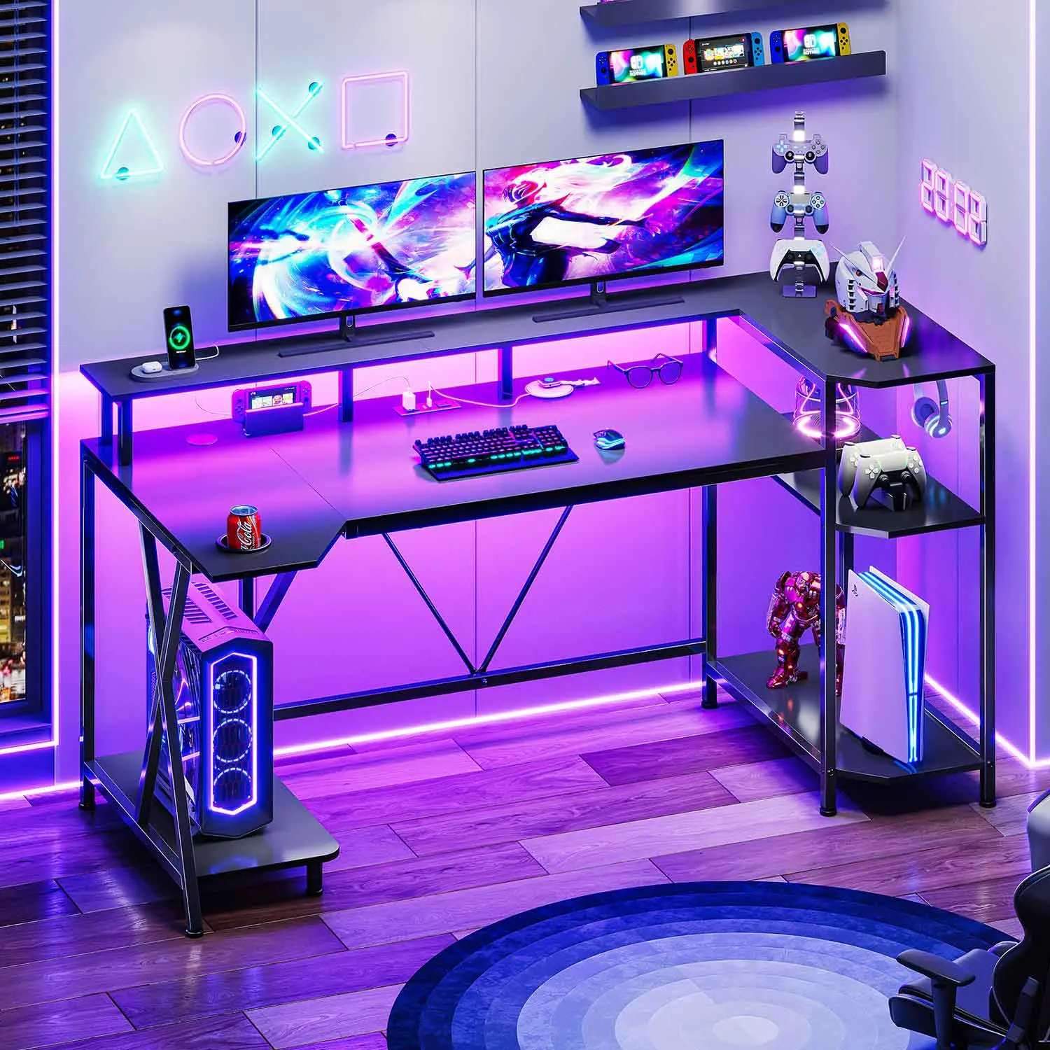 Sedeta 55x21.6in Sturdy Computer Gaming Desk - Durable Computer Workstations with Metal Frame, Modern Large Surface Office Furniture, LED Lights, Storage Shelf for Bedroom, Living Room, Sturdy Computer Desk