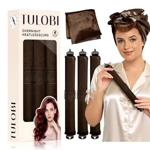 Overnight Heatless Hair Curlers 3 Pcs, Upgraded Velvet Soft Hair Rollers with Velcro Fastener, Jumbo Blowout Rods No Heat Curls for All Hair Types to Sleep In, Brown