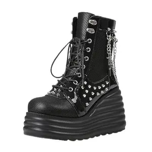 Women's Gothic Ankle Boots Black Platform Combat Boots with Punk Chains & Studs Lace Up Wedge Boots for Women Gothic Style Versatile Design Comfort & Style