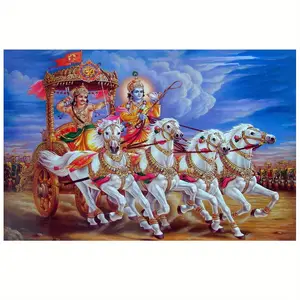 2D 1pc Lord Krishna& Arjuna Chariot Canvas Wall Art- 12x18 Inch Unframed Spiritual Mahabharata Scene- Hindu Epic Poster for Home Decor Room Decoration Religious Ornaments