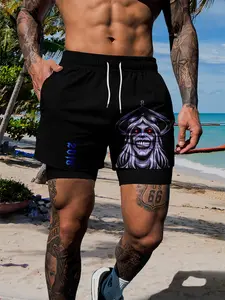 Men's & Skull Sailor Style Casual Breathable Shorts, Horror Sailor Pattern Two-In-One Shorts with Pockets, Fitted Design, Fitness Beach Shorts