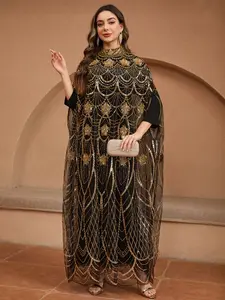 JINLICX Women's Black Sheer Mesh Cape Abaya Kaftan Maxi Gown, Handcrafted Golden Floral Sequin Embroidery, High Neck Loose Batwing Cape Sleeve Long Dress for Wedding, Evening Party, Formal Luxury Events Elegance CXD31