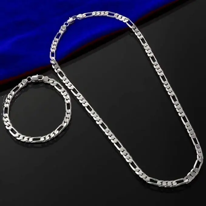 Unisex 925 Silver Plated Chain Necklace & Bracelet 2-Piece Set - Hypoallergenic, Anti-Tarnish, Lightweight Comfortable Jewelry for Everyday Wear, Ideal Birthday Gifts for Him