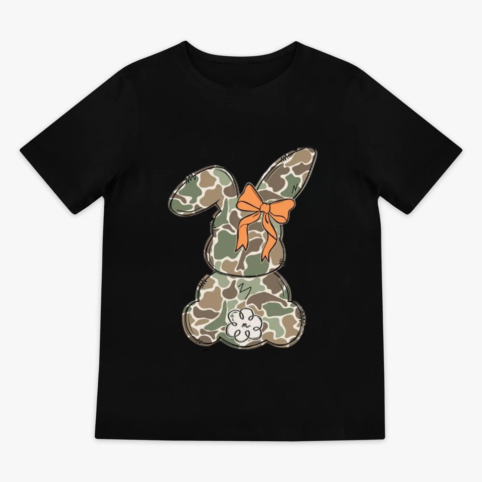 Camo Easter Bunny Bow Graphic Youth & Adult T-Shirt, Cute Camouflage Rabbit Shirt, Easter Holiday Outfit Tee, Country Style Bunny Graphic Shirt, Gift for Easter Lovers and Bunny Fans, Youth Clothes, Trending Tees, Family Shirt, Birthday Gift