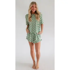 Women’s Ruffle Short Set in Green Checkered