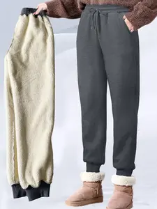 Women's Casual Fleece Lined Knitted Pants, Thick Warm Adjustable Drawstring Waist Sweatpants, Long Plain Lamb Velvet Trousers for Fall & Winter