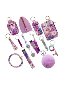 13 Piece Shiny Rhinestone Keychain Set, Wristband Keychain with Storage Bag, Pompom Card Bag, Fashionable Accessories Kit
