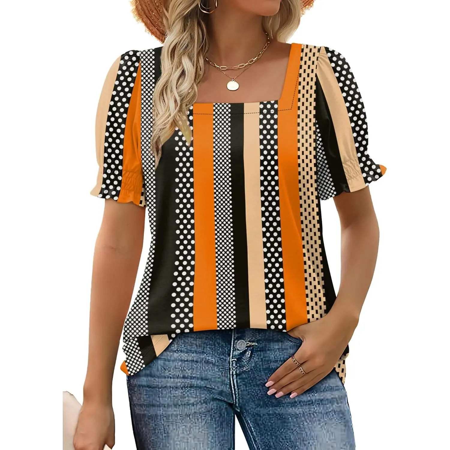 Womens Summer Tops 2025 Trendy Square Neck Blouses Short Puff Sleeve Shirts