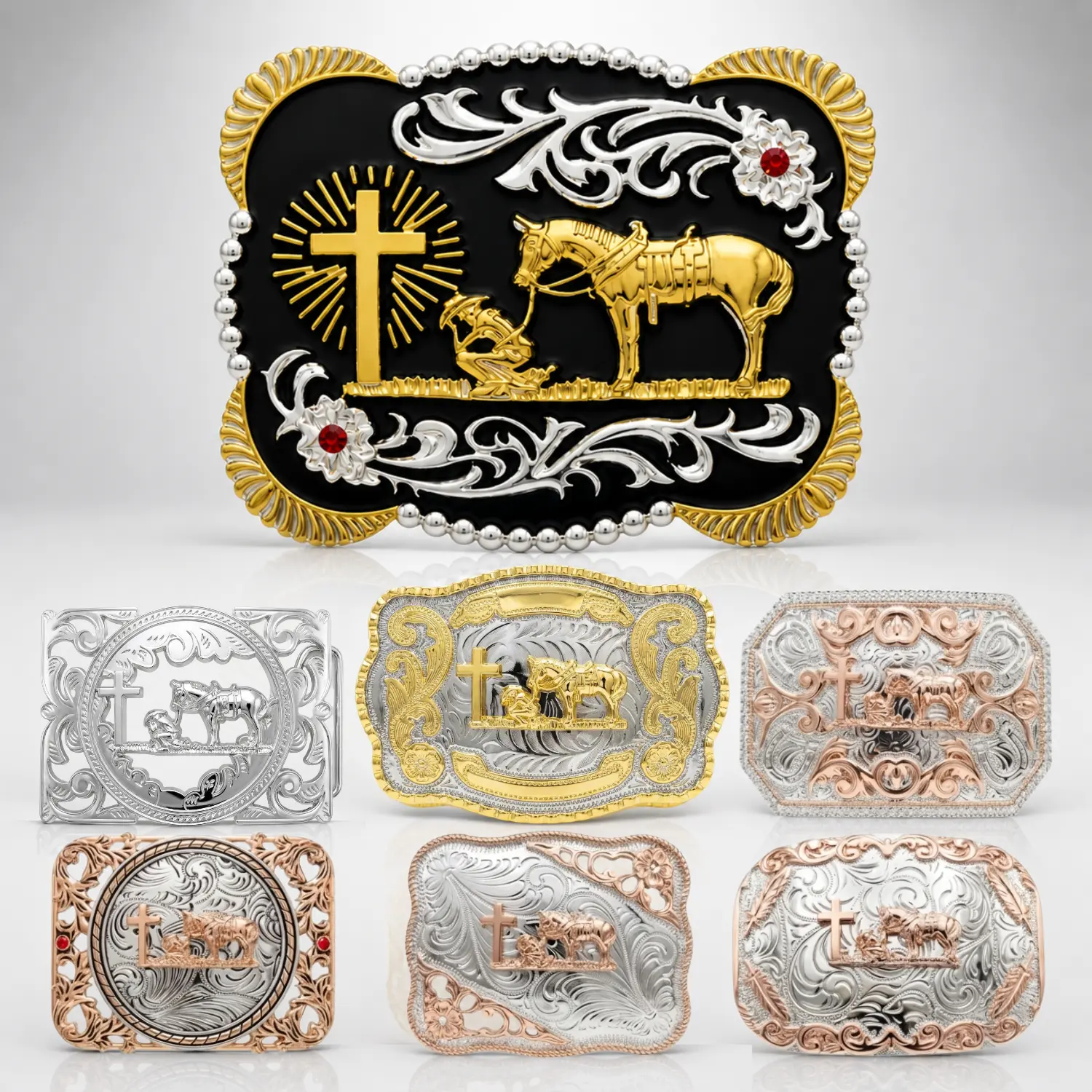 Men's Western Belt Buckle, Heavy Duty Metal with 3D Engraved Kneeling Cowboy, Horse & Cross, Large Rodeo Ranch Accessory, Fits 1.6" Strap, Father's Day Gift
