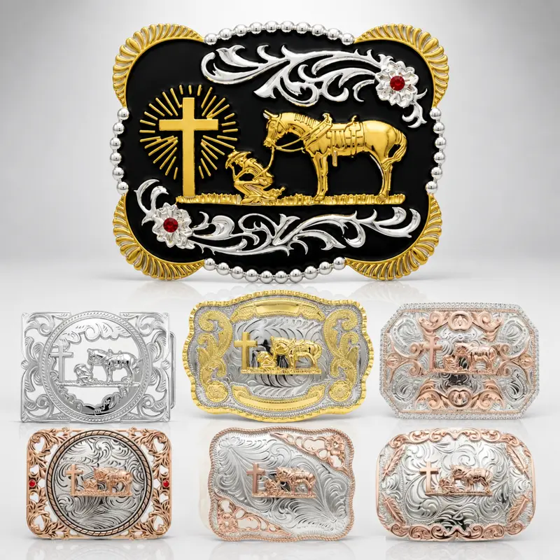 Men's Solid Metal Heavy-Duty Belt Buckle - 3D Engraved Kneeling Cowboy, Horse, Christian Cross, 4.25x3.25in, Fits 1.6 inches wide Artistic Western Men's Belts, Ranch Rodeo Accessory, Humility Faith Gift for Animal-Loving Dads (Birthdays, Father’s Day)