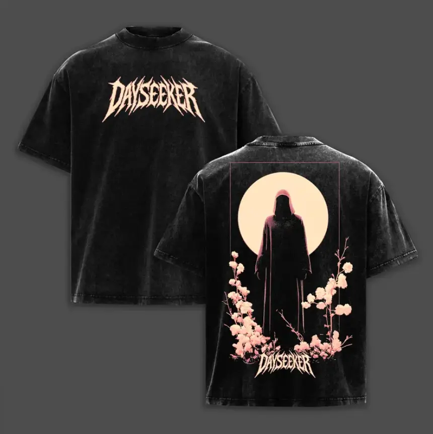Dayseeker Floral Window Double Printed Washed Tee, Unisex Heavyweight Cotton T-shirt for Alt Music Fans Band graphic tee Fabric Menswear Clothes Oversized