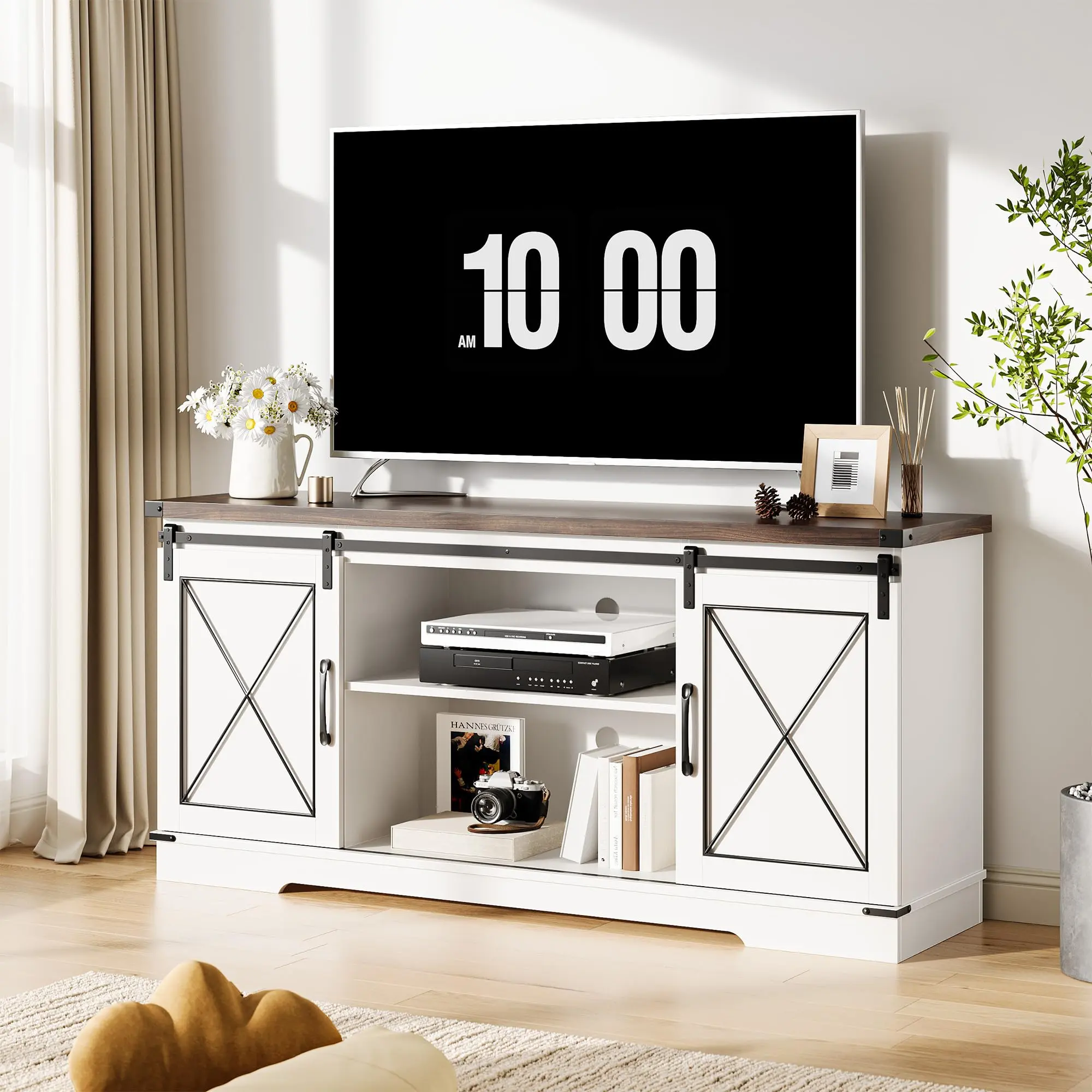 Garvee Farmhouse Entertainment Center with Sliding Barn Doors, Media Console Table with Storage Cabinet, Fits TVs up to 65 Inches, White and Brown, Stylish Living Room Furniture