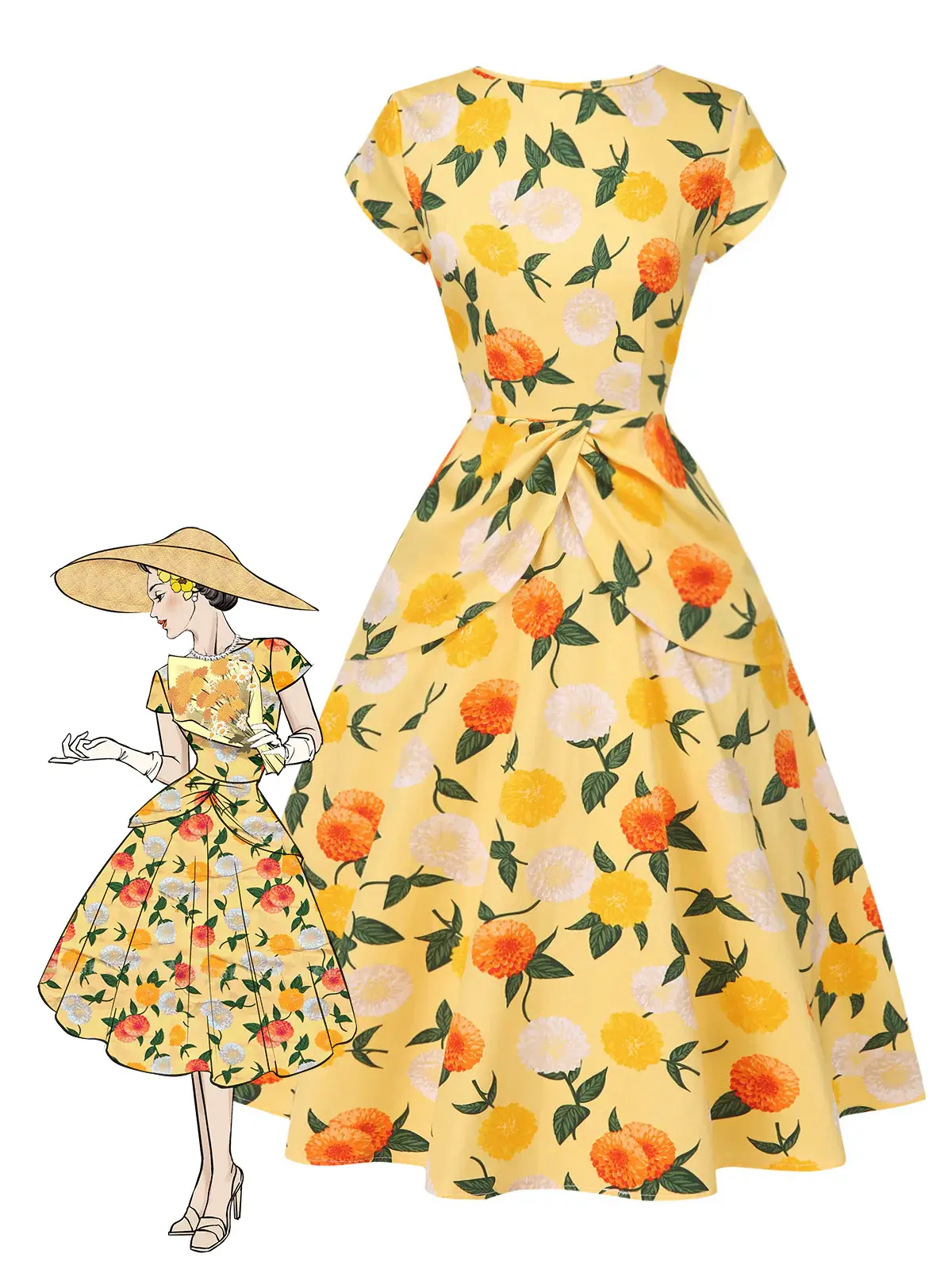 RETRO STAGE Women's Lady's 1950s Yellow Hydrangea Print Flower-Themed Casual Dress - Ruched Cap Sleeves, Round Neck, Backless, Below-Knee, Holiday Stylesummer dresses vacation outfits Wedding BackToSchool Sohochic Fall Dresses Fall outfits Fall fashion