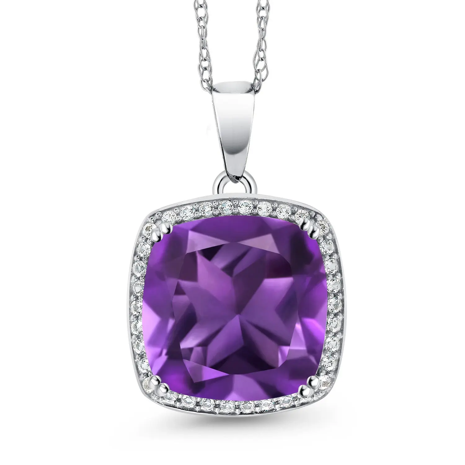 Halo Pendant Necklace for Women | Solid 10K Gold | 12MM Cushion Cut Gemstone Birthstone and White Created Sapphire | Gold Necklace For Women | With 18 Inch Gold Chain