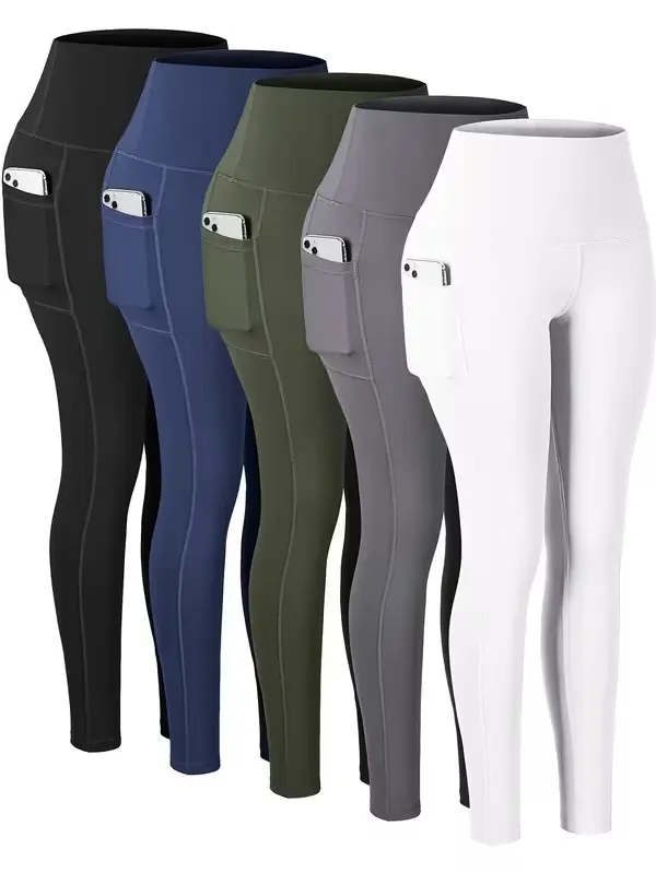 5pcs Women's Plus-Size High-Waisted Yoga Pants with Butt Lifting & Pockets - Full-Length Workout Leggings, Soft Stretch Fitness Pants Suitable for Gym, Pilates, Casual Attire - 5pcs Bulk Pack
