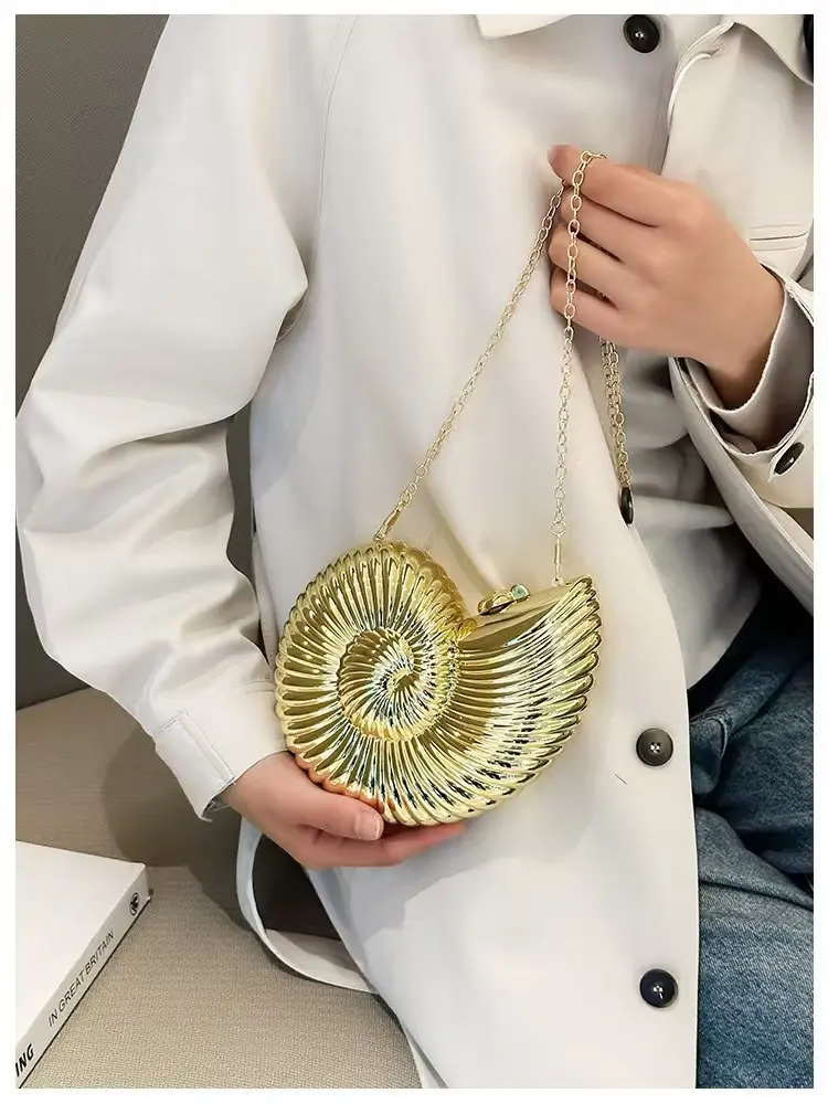Metallic Shiny Golden Seashell Spiral Bling Evening Bag - Beaded Elegant Purse, Detachable Beaded Chain Handbag, Lipstick Storage Pouch, ABS Fashionable Evening Accessory for Night Events, Weddings