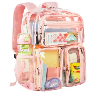 Vorspack Clear Backpack Heavy Duty - Multi-pockets Clear Bookbag Transparent See Through Backpacks for College Work Festival - Pink
