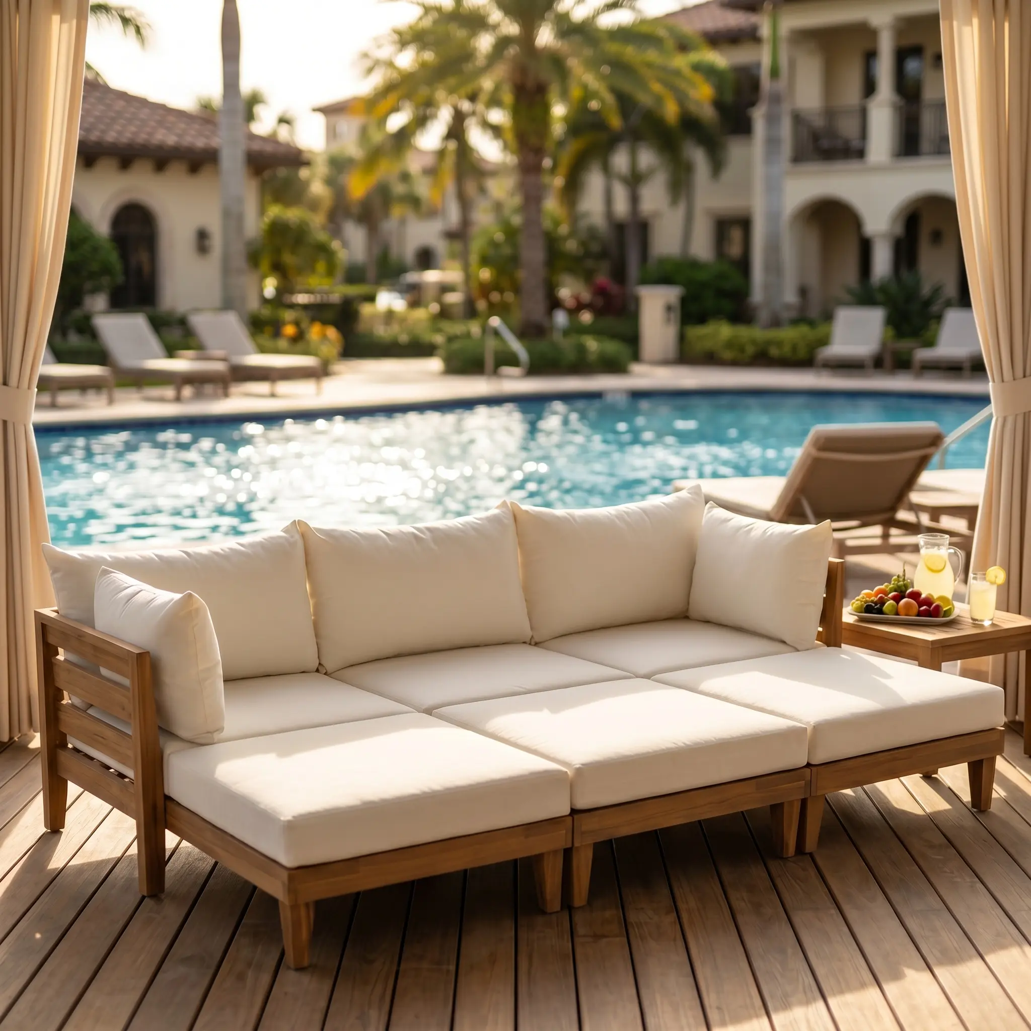Outdoor Modular Sectional Sofa Set with Daybed, Acacia Wood, 6-Piece, Beige Cushions, Water-Resistant, for Patio, Garden, Poolside