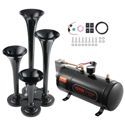 VEVOR Zinc Alloy 4-Trumpet Train Air Horn Kit, 150dB Sound Vehicle Accessory with 12V Air Compressor, 0.8 Gal/3L Tank & Gauge, High-Temperature Resistance, Adverse Weather Suitability for Any 12V Trucks, Cruise Ships