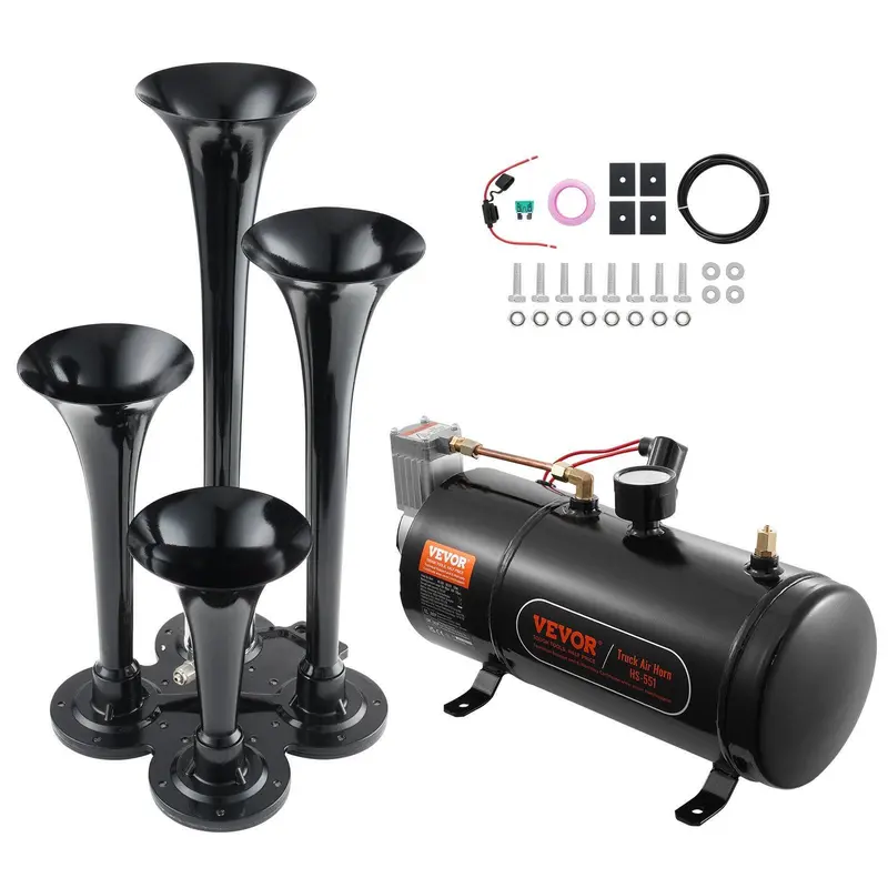 VEVOR Zinc Alloy 4-Trumpet Train Air Horn Kit, 150dB Sound Vehicle Accessory with 12V Air Compressor, 0.8 Gal/3L Tank & Gauge, High-Temperature Resistance, Adverse Weather Suitability for Any 12V Trucks, Cruise Ships